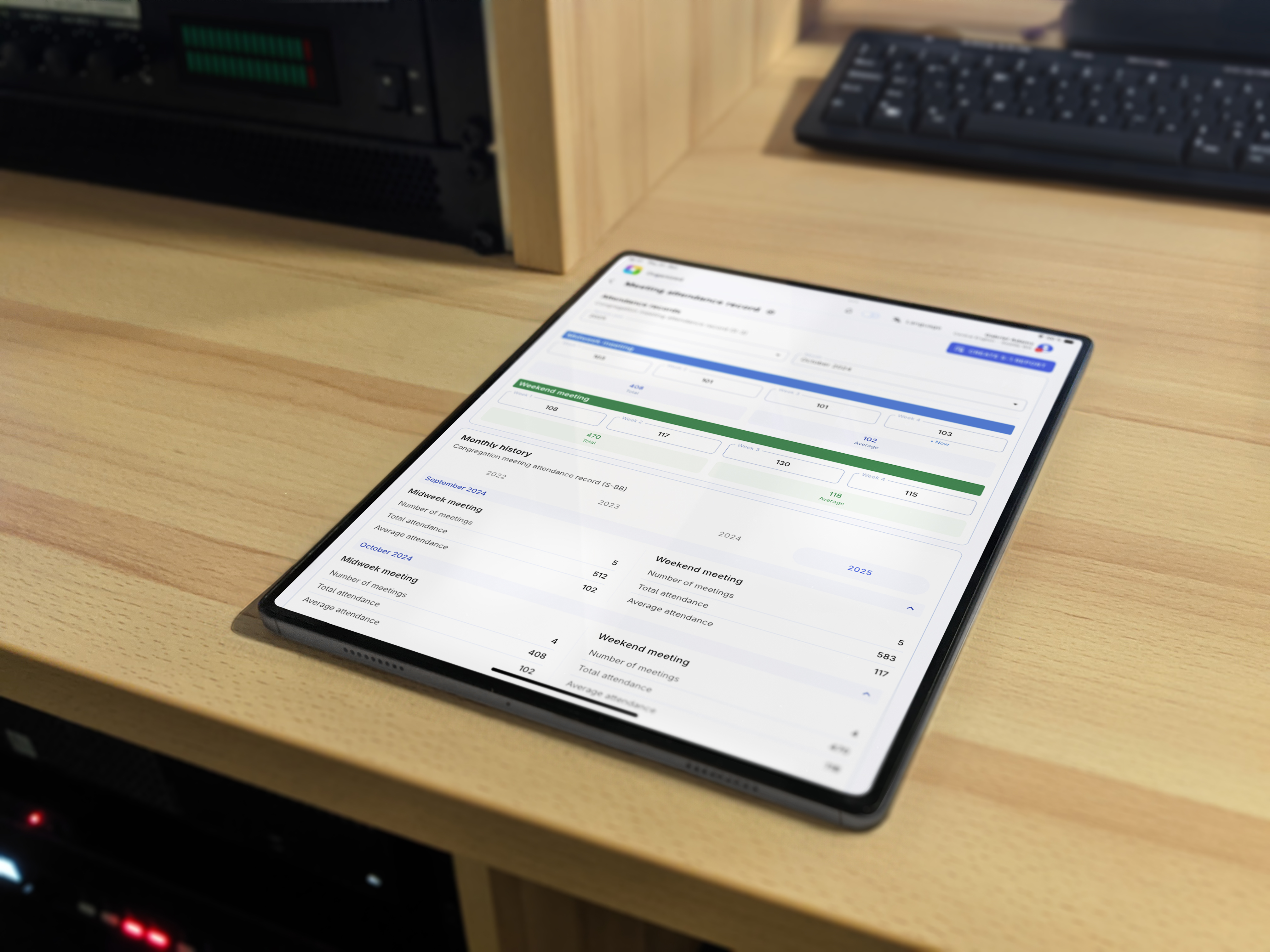 Personal tablet in the Kingdom Hall used for conveniently entering meeting attendance records during Jehovah's Witnesses meetings